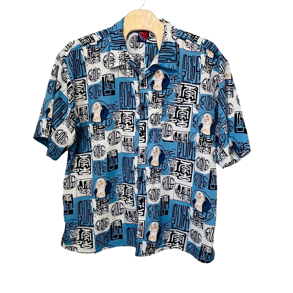 Vintage K.A.D Mens XXL laughing Buddha Print Short sleeve Button Down Shirt Y2K